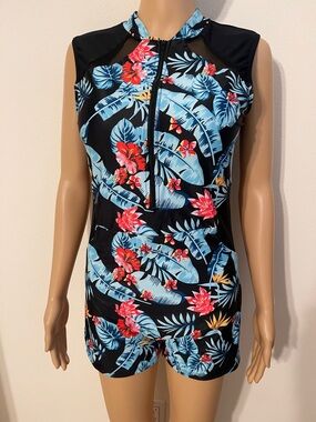 NWOT Swim Unitard Black Tropical Floral with Zip Front